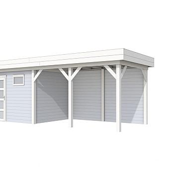 Vuren Topvision Bonte Kraai, 300 x 250 en luifel 400 cm, wanden lichtgrijs en basis wit.