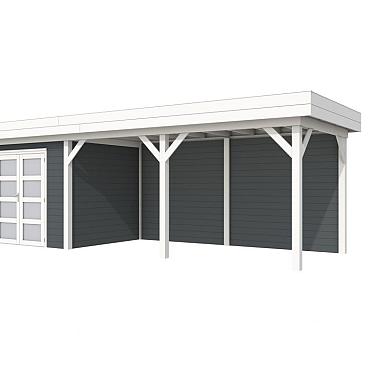 Vuren Topvision Bonte Specht, 300 x 250 en luifel 500 cm, wanden antraciet en basis wit.