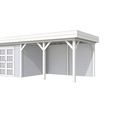 Vuren Topvision Bosuil, 300 x 300 en luifel 400 cm, wanden lichtgrijs en basis wit.