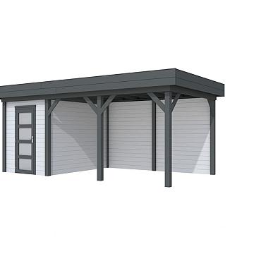 Vuren Topvision Kiekendief, 200 x 300 en luifel 400 cm, wanden lichtgrijs en basis antraciet.
