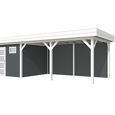 Vuren Topvision Kievit, 400 x 300 en luifel 500 cm, wanden antraciet en basis wit.