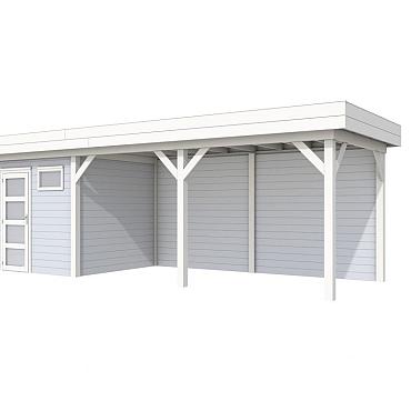 Vuren Topvision Kuifmees, 250 x 250 en luifel 500 cm, wanden lichtgrijs en basis wit.
