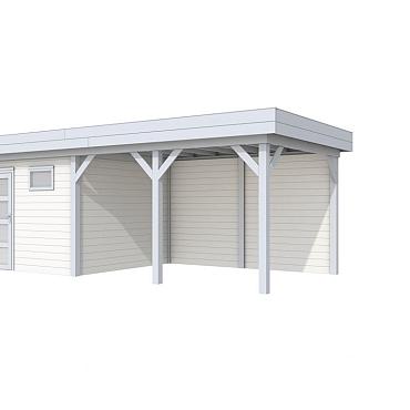 Vuren Topvision Tapuit, 300 x 300 en luifel 400 cm, wanden wit en basis lichtgrijs.