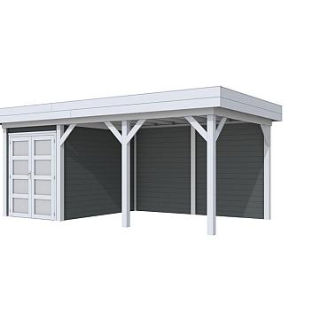 Vuren Topvision Zwaluw, 200 x 300 en luifel 400 cm, wanden antraciet en basis lichtgrijs.