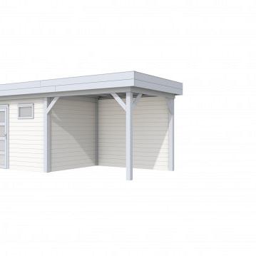 Vuren Topvision Bonte Kraai, 300 x 250 en luifel 300 cm, wanden wit en basis lichtgrijs.