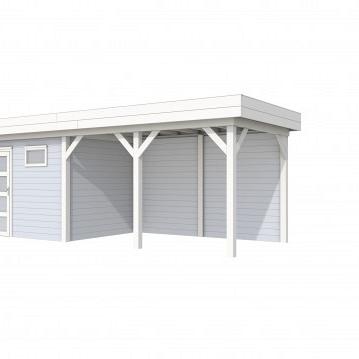 Vuren Topvision Bonte Kraai, 300 x 250 en luifel 400 cm, wanden lichtgrijs en basis wit.