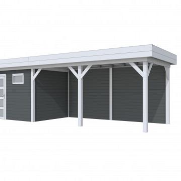 Vuren Topvision Bonte Kraai, 300 x 250 en luifel 500 cm, wanden antraciet en basis lichtgrijs.