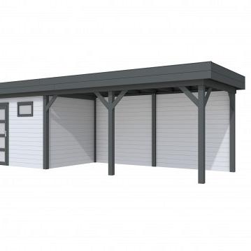 Vuren Topvision Bonte Kraai, 300 x 250 en luifel 500 cm, wanden lichtgrijs en basis antraciet.
