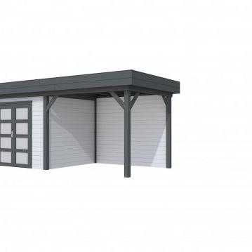Vuren Topvision Bonte Specht, 300 x 250 en luifel 300 cm, wanden lichtgrijs en basis antraciet.
