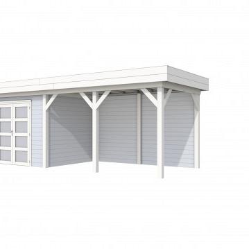 Vuren Topvision Bonte Specht, 300 x 250 en luifel 400 cm, wanden lichtgrijs en basis wit.