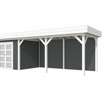 Vuren Topvision Bonte Specht, 300 x 250 en luifel 500 cm, wanden antraciet en basis wit.