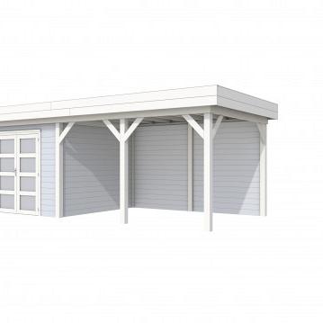 Vuren Topvision Bosuil, 300 x 300 en luifel 400 cm, wanden lichtgrijs en basis wit.