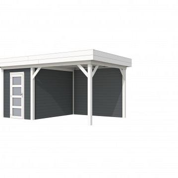 Vuren Topvision Kiekendief, 200 x 300 en luifel 300 cm, wanden antraciet en basis wit.