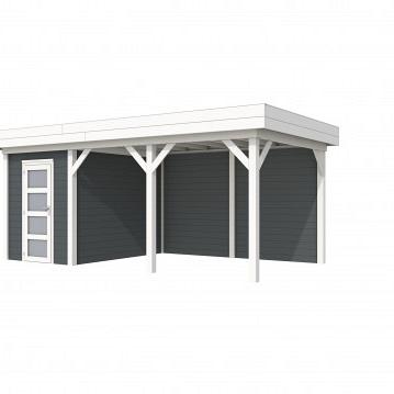 Vuren Topvision Kiekendief, 200 x 300 en luifel 400 cm, wanden antraciet en basis wit.