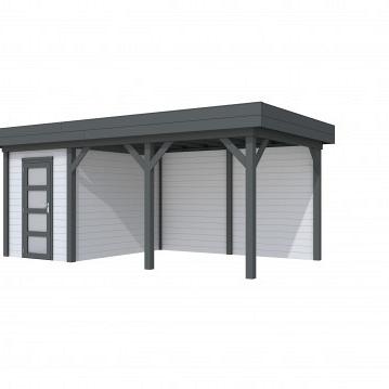 Vuren Topvision Kiekendief, 200 x 300 en luifel 400 cm, wanden lichtgrijs en basis antraciet.