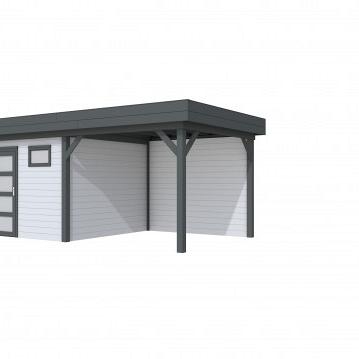 Vuren Topvision Kievit, 400 x 300 en luifel 300 cm, wanden lichtgrijs en basis antraciet.