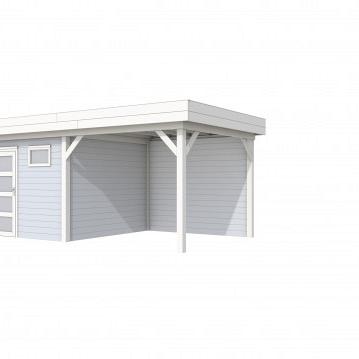 Vuren Topvision Kievit, 400 x 300 en luifel 300 cm, wanden lichtgrijs en basis wit.