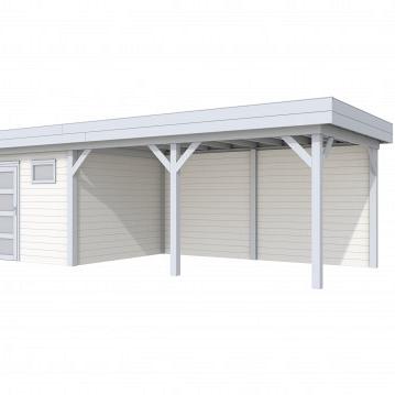 Vuren Topvision Kievit, 400 x 300 en luifel 500 cm, wanden wit en basis lichtgrijs.