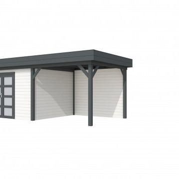 Vuren Topvision Parelhoen, 400 x 300 en luifel 300 cm, wanden wit en basis antraciet.
