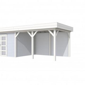 Vuren Topvision Parelhoen, 400 x 300 en luifel 400 cm, wanden lichtgrijs en basis wit.