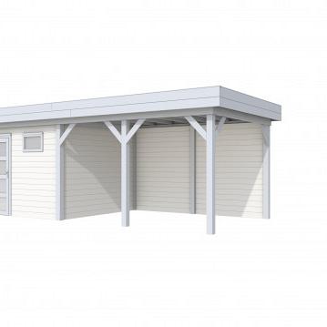 Vuren Topvision Tapuit, 300 x 300 en luifel 400 cm, wanden wit en basis lichtgrijs.