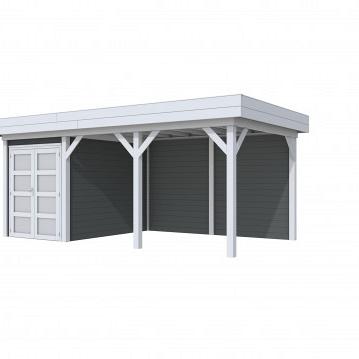 Vuren Topvision Zwaluw, 200 x 300 en luifel 400 cm, wanden antraciet en basis lichtgrijs.