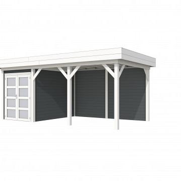 Vuren Topvision Zwaluw, 200 x 300 en luifel 400 cm, wanden antraciet en basis wit.