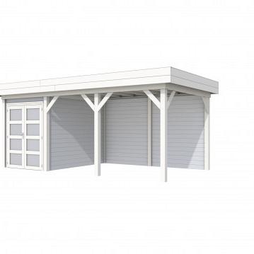 Vuren Topvision Zwaluw, 200 x 300 en luifel 400 cm, wanden lichtgrijs en basis wit.