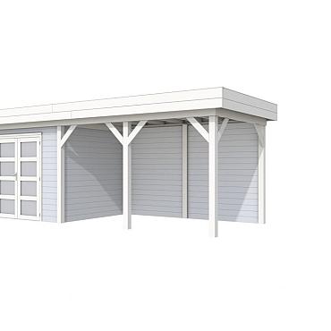 Vuren Topvision Bonte Specht, 300 x 250 en luifel 400 cm, wanden lichtgrijs en basis wit.