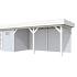 Vuren Topvision Bonte Kraai, 300 x 250 en luifel 500 cm, wanden lichtgrijs en basis wit.