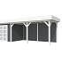 Vuren Topvision Bonte Specht, 300 x 250 en luifel 500 cm, wanden antraciet en basis wit.