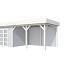 Vuren Topvision Bosuil, 300 x 300 en luifel 400 cm, wanden lichtgrijs en basis wit.