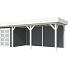 Vuren Topvision Kolibri, 250 x 250 en luifel 500 cm, wanden antraciet en basis wit.
