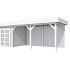 Vuren Topvision Kolibri, 250 x 250 en luifel 500 cm, wanden lichtgrijs en basis wit.
