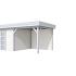 Vuren Topvision Parelhoen, 400 x 300 en luifel 300 cm, wanden wit en basis lichtgrijs.