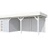 Vuren Topvision Parelhoen, 400 x 300 en luifel 500 cm, wanden lichtgrijs en basis wit.