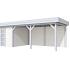 Vuren Topvision Parelhoen, 400 x 300 en luifel 500 cm, wanden wit en basis lichtgrijs.