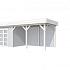 Vuren Topvision Bonte Specht, 300 x 250 en luifel 400 cm, wanden lichtgrijs en basis wit.