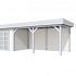 Vuren Topvision Bonte Specht, 300 x 250 en luifel 500 cm, wanden wit en basis lichtgrijs.