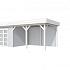 Vuren Topvision Bosuil, 300 x 300 en luifel 400 cm, wanden lichtgrijs en basis wit.