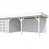 Vuren Topvision Bosuil, 300 x 300 en luifel 500 cm, wanden lichtgrijs en basis wit.