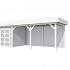 Vuren Topvision Kolibri, 250 x 250 en luifel 500 cm, wanden lichtgrijs en basis wit.