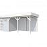 Vuren Topvision Kuifmees, 250 x 250 en luifel 400 cm, wanden lichtgrijs en basis wit.