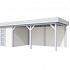 Vuren Topvision Parelhoen, 400 x 300 en luifel 500 cm, wanden wit en basis lichtgrijs.